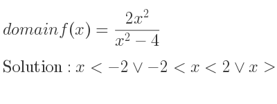 The domain of f(x)=(2x^2)/(x^2-4) is x<-2\lor-2<x<2\lor x>2